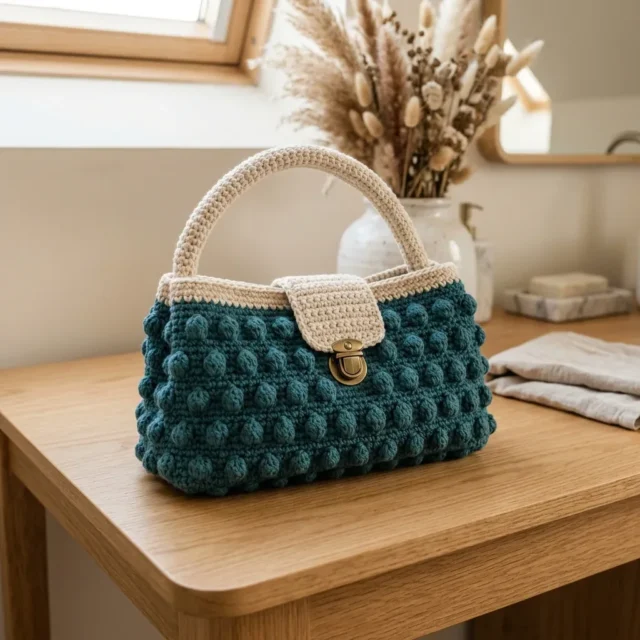 Bobble stitch crochet bag with beige trim