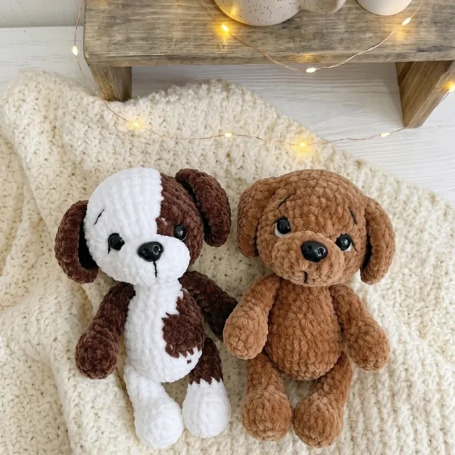 Crochet plush puppy amigurumi in soft chenille yarn