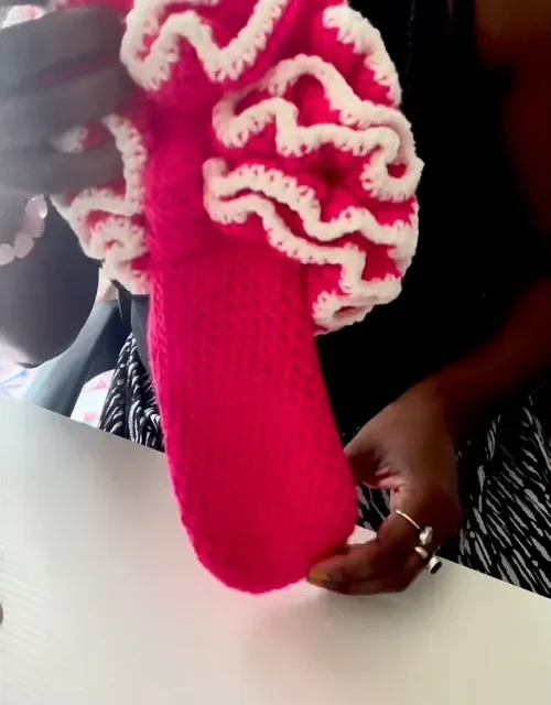Ruffle-top crochet slipper socks with a folded hdc heel