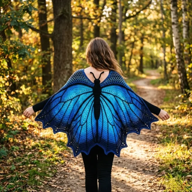 Blue morpho cape with a honeycomb mesh yoke