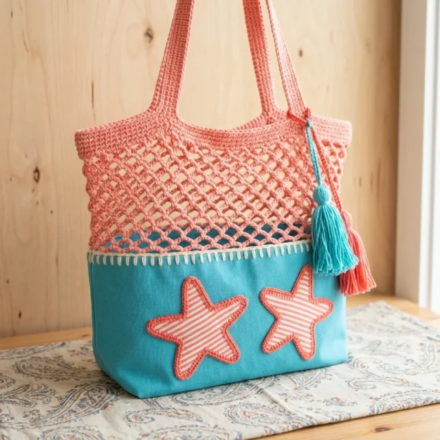 Coral reef mesh tote with sewn-on starfish appliques