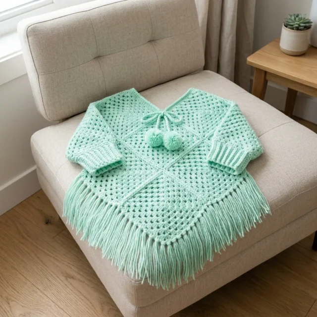 Mint green granny cluster baby poncho pattern