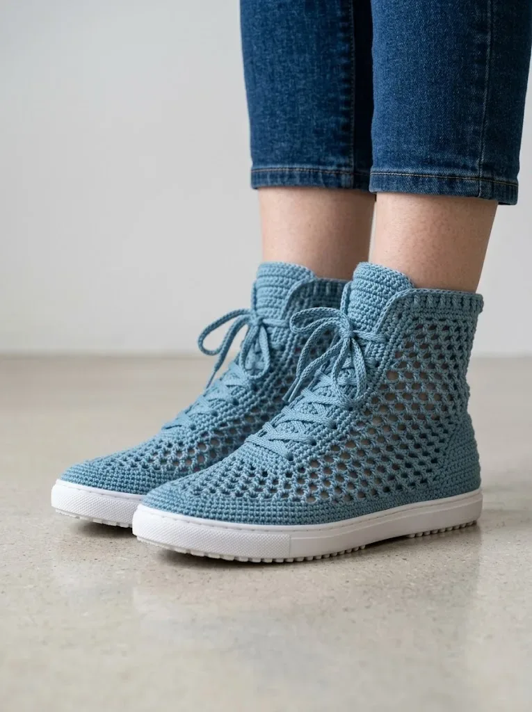 Ocean blue lattice crochet high-top sneakers — photo 3