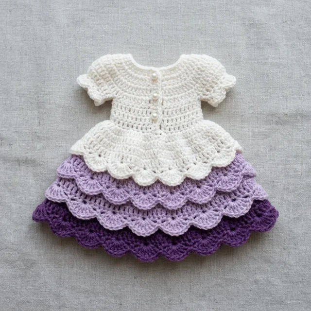 Ombre ruffle doll dress crochet pattern with shell tiers