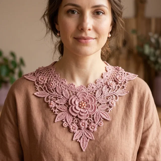 Pearl-trimmed dusty rose lace collar crochet pattern