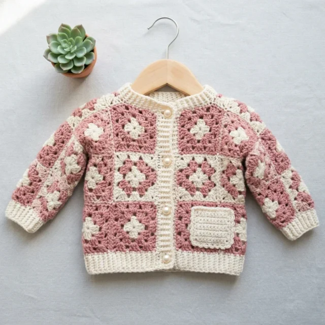Granny square baby cardigan in dusty rose and cream