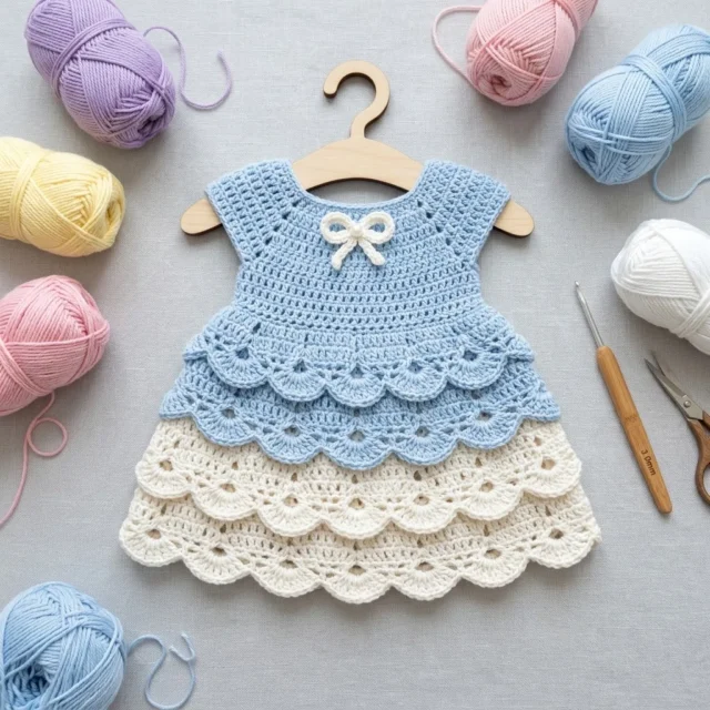 Powder blue tiered baby dress crochet pattern