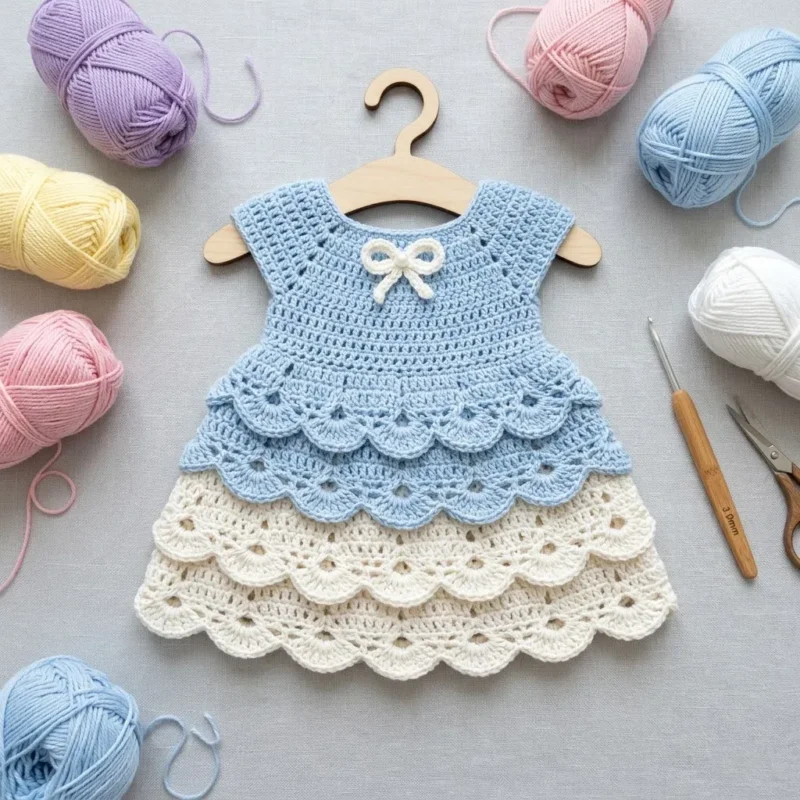 Powder blue tiered baby dress crochet pattern — photo 3
