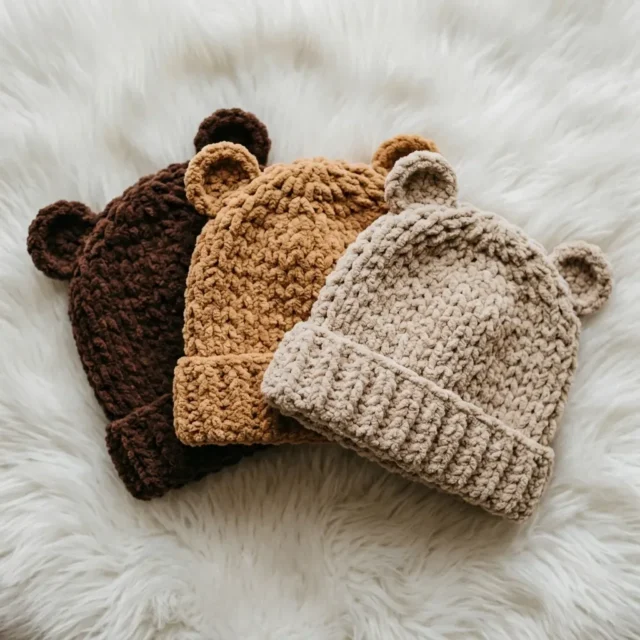 Teddy bear baby beanie with a ribbed, stay-put brim